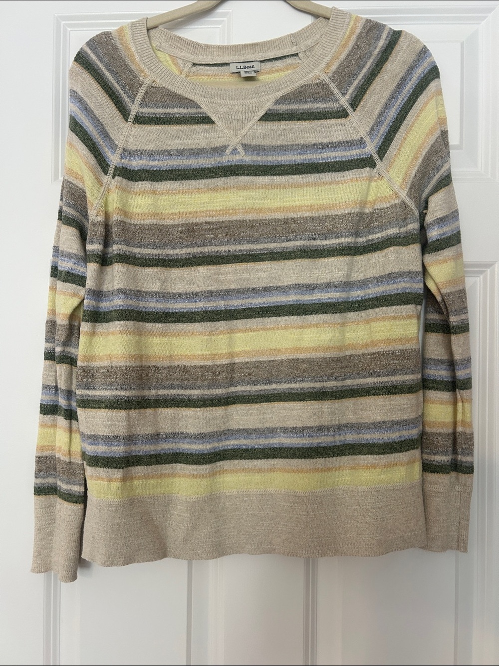 L.L. Bean Women's Striped Crewneck Sweater in Beige, Yellow, Olive, Blue